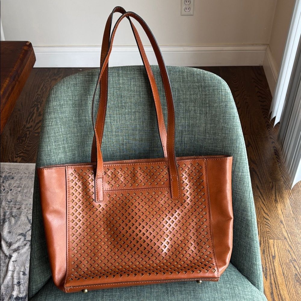 Patricia Nash Varsi Perforated leather Brown Tote Bag purse women laptop bag EUC